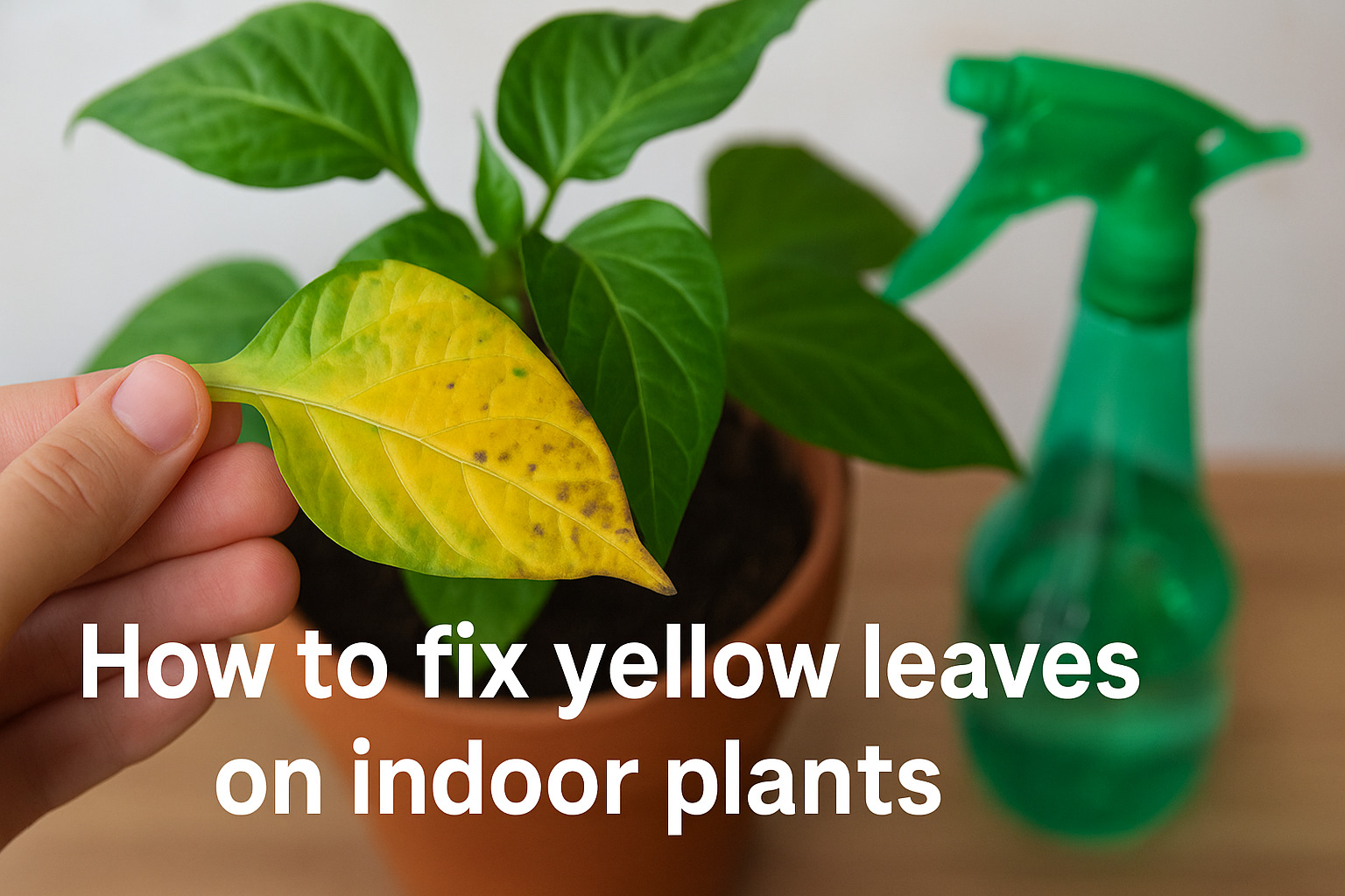 Close-up of a hand holding a yellowing indoor plant leaf with brown spots, showing symptoms of nutrient deficiency and overwatering with a spray bottle in the background — guide on how to fix yellow leaves on indoor plants.